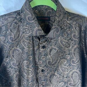 Leonardi Men's Paisley Button Down Shirt - Black and Gold